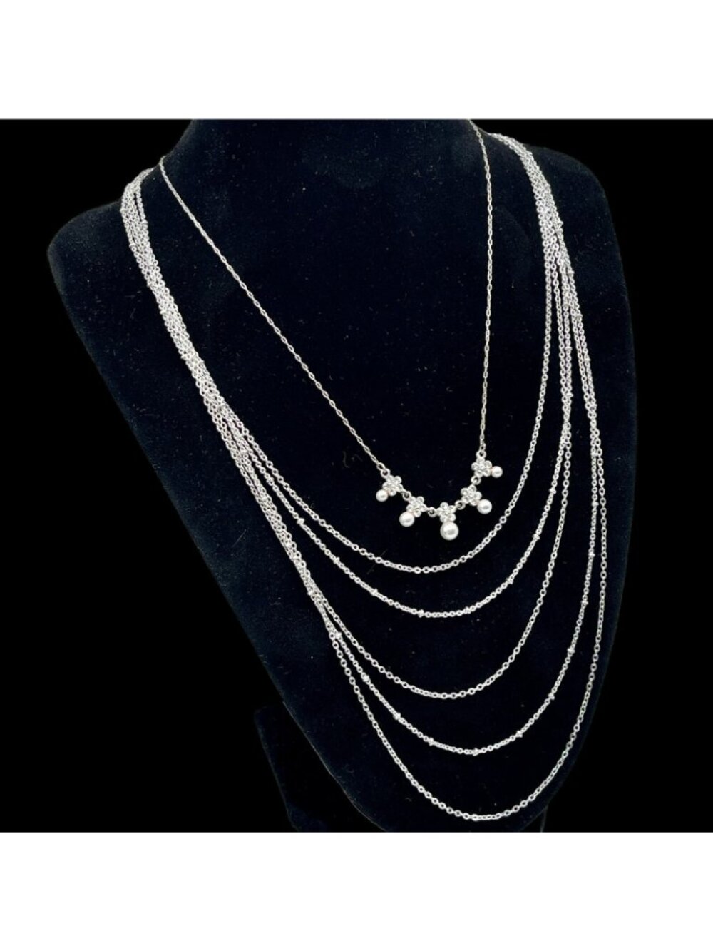 Multi Strand Necklace Stack Chain + Faux Pearl Crystal Silver Tone Vtg LC - Picture 3 of 9